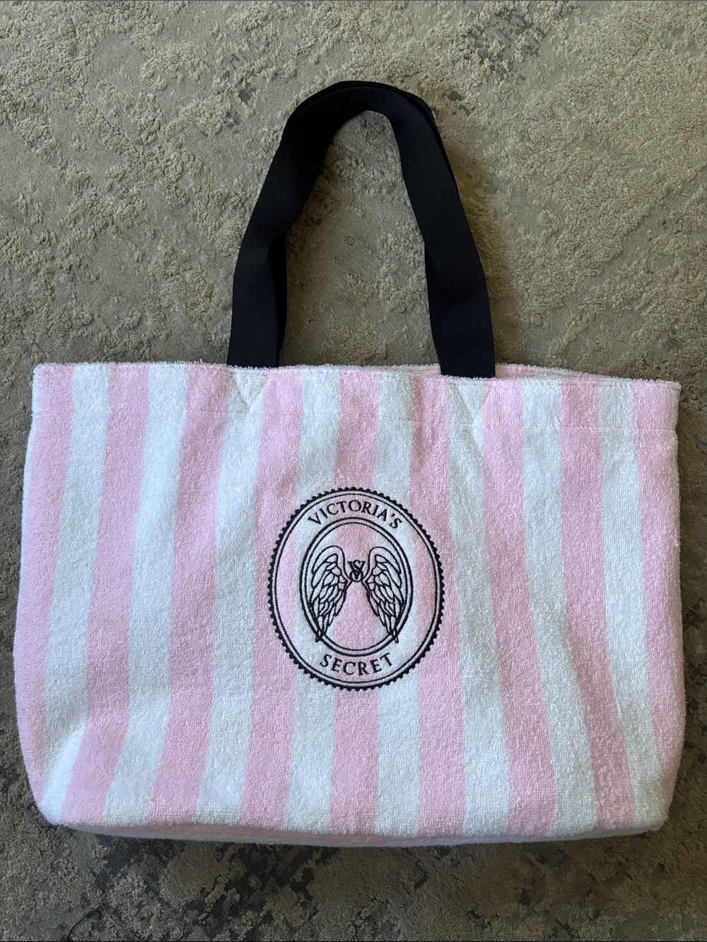 Victoria's Secret Pink & White Striped Tote with Black Handles